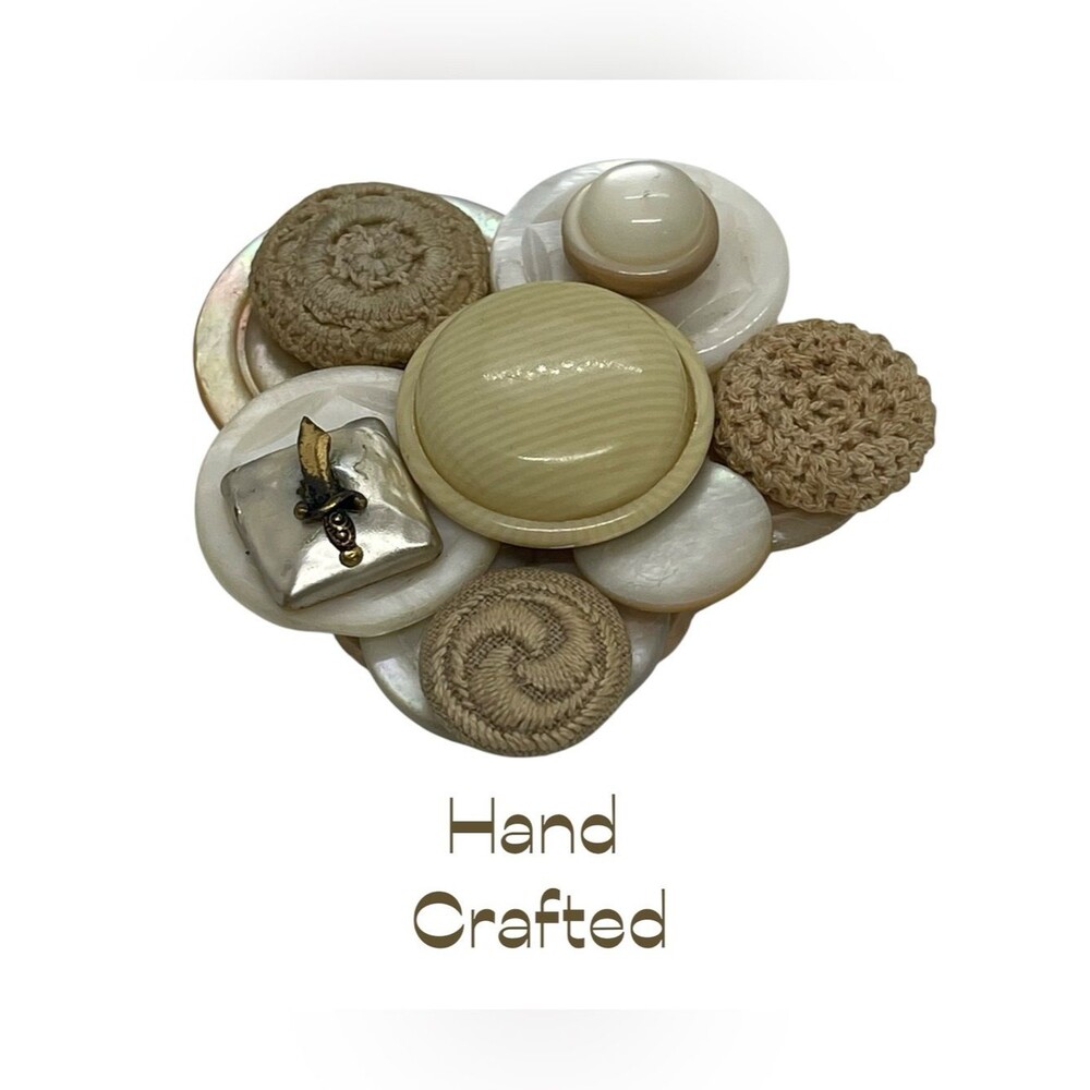 Hand Crafted Cream Tan Fabric Resin Antique Buttons Reimagined Into A Brooch NWT
